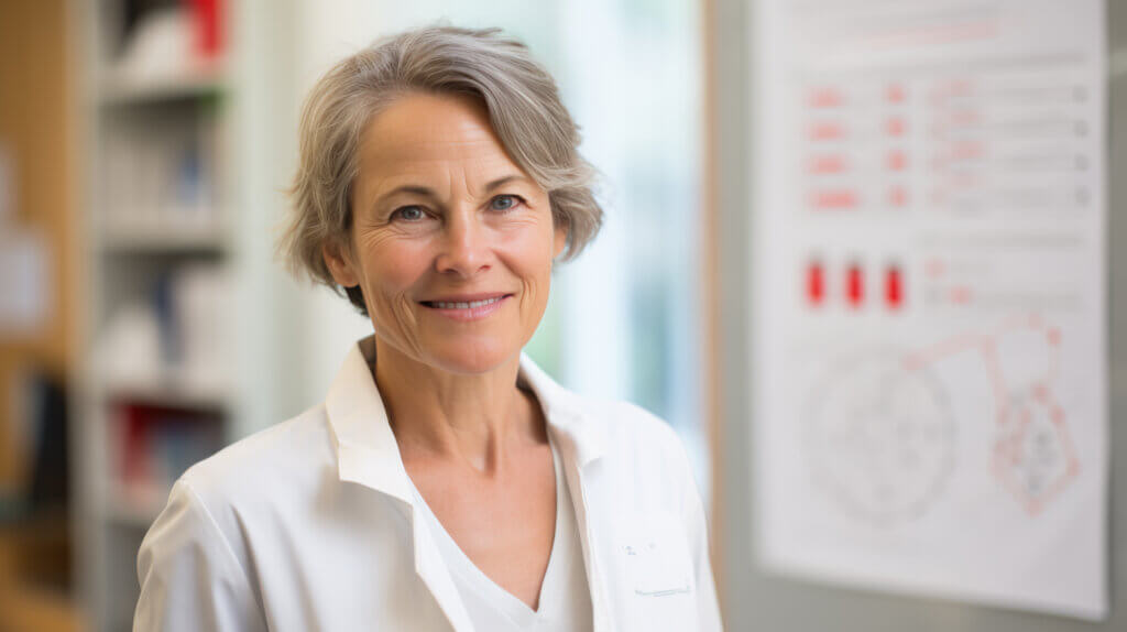 Senior medical professional displaying pharmaceutical trial charts addressing patient access and market access and smiling warmly