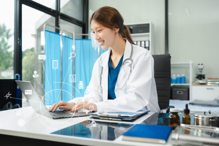 Modern healthcare innovation asian female doctor with EHR